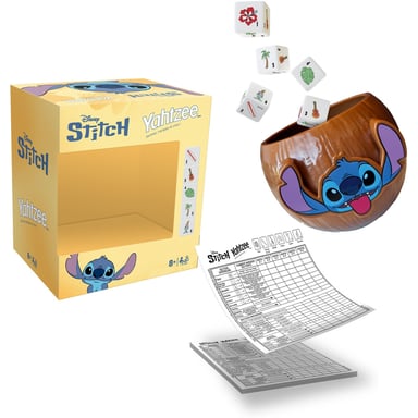Jeu de société WINNING MOVES YAHTZEE Stitch édition Lilo & Stitch, 5 dés illustrés, gobelet noix de coco - blanc/marron