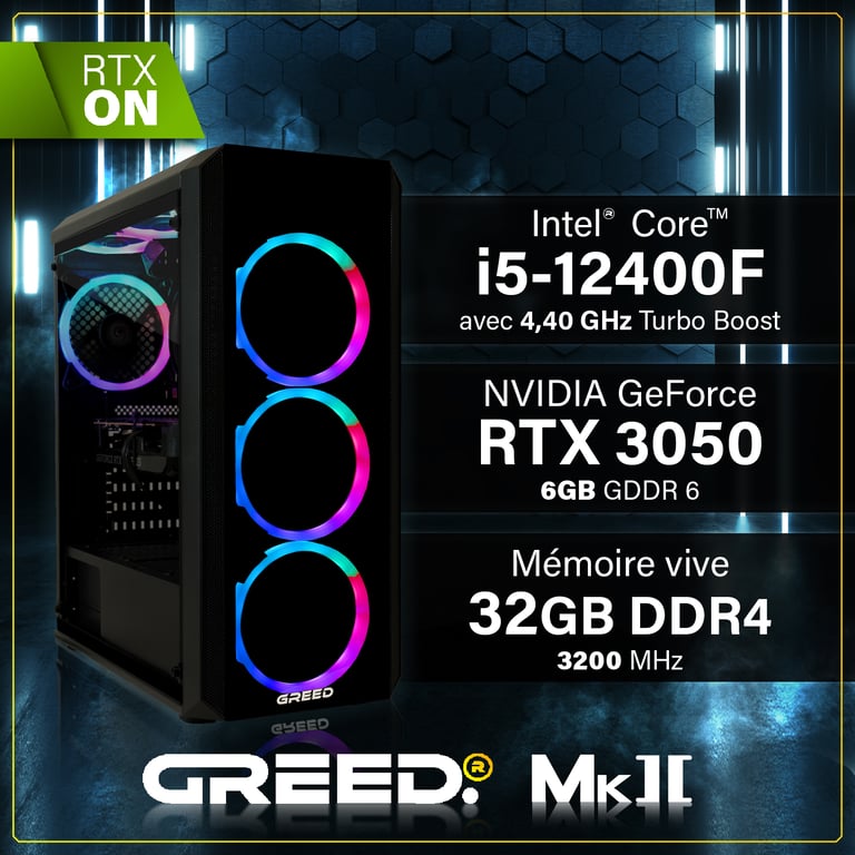Greed PC de bureau Mk2 Lite Intel Core i5-10400F 32GB 512GB SSD RTX 3050 Windows 11 Pro Noir - vue 3
