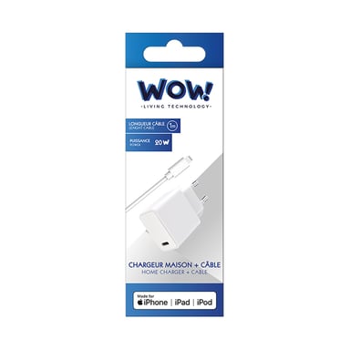 Kit Chargeur USB C 20W + Câble USB C / Lightning 1m Blanc WOW