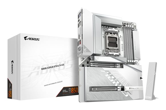 GIGABYTE B850 AORUS STEALTH ICE Carte Mère – Processeurs AMD Ryzen série 9000, VRM numérique 14+2+2 phases, jusqu'à 8200 MHz DDR5 (OC), 2 x M.2 PCIe 5.0 + 2 x PCIe 4.0, Wi-Fi 7, LAN 5 GbE, USB 3.2 Gen 2