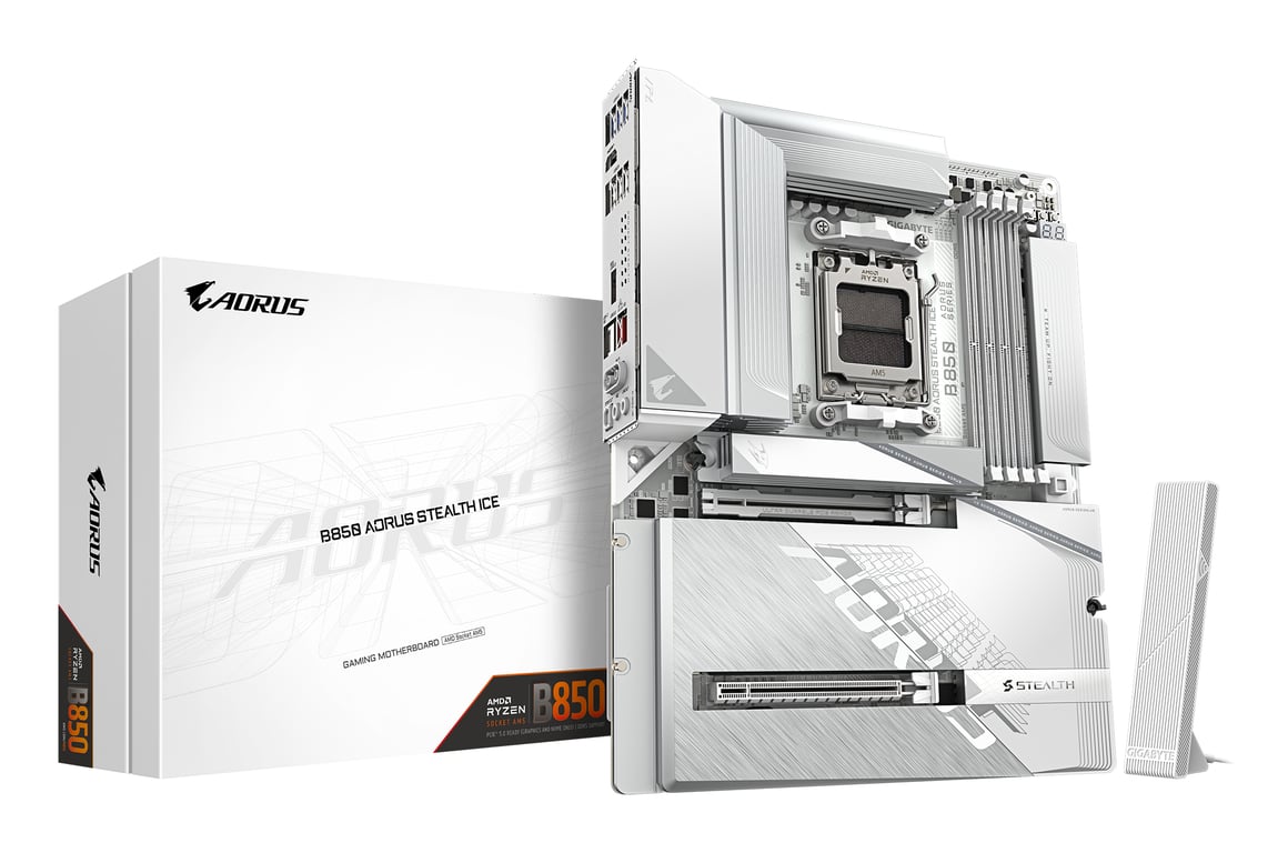 GIGABYTE B850 AORUS STEALTH ICE Carte Mère – Processeurs AMD Ryzen série 9000, VRM numérique 14+2+2 phases, jusqu'à 8200 MHz DDR5 (OC), 2 x M.2 PCIe 5.0 + 2 x PCIe 4.0, Wi-Fi 7, LAN 5 GbE, USB 3.2 Gen 2 - Neuf