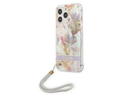 Guess Funda para Apple iPhone 13 Pro Flores con correa de nylon Lavanda