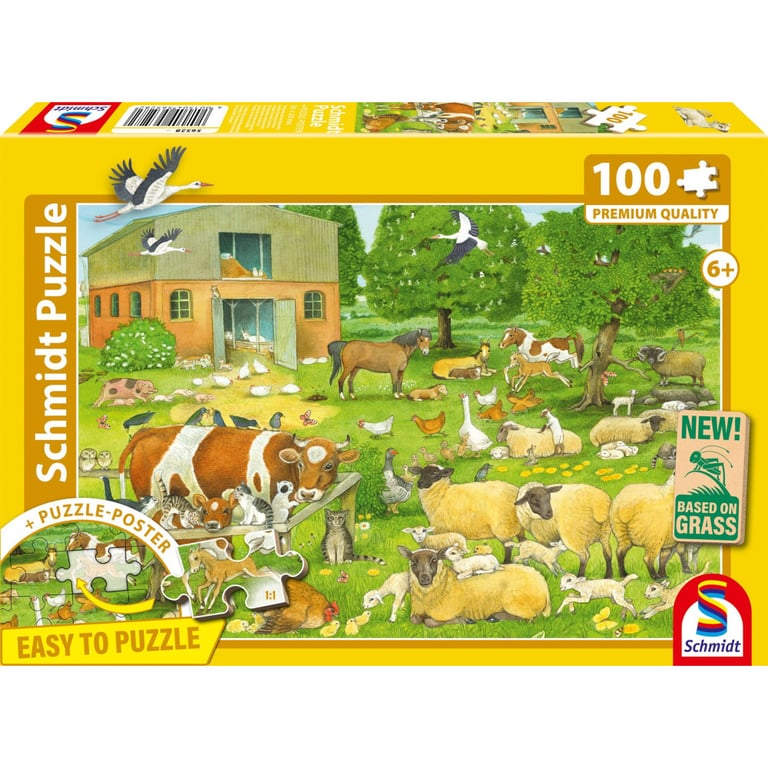 Puzzle Schmidt Spiele Farm Animals Families 100 pièces 36 1 x 24 3 cm Paysage Dès Carton Bordure jaune Neuf