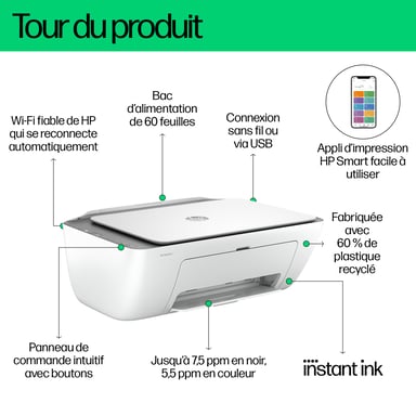 HP DeskJet 2820e Sans fil All-in-One Couleur Imprimante, Instant Ink; copieur, scanner