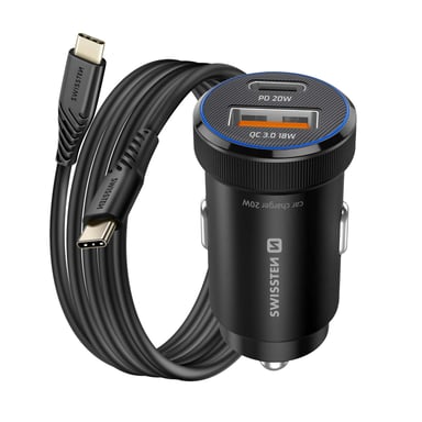 Swissten Cargador de coche USB-C 20W / USB-A para smartphone con cable USB-C 60W 1m Negro