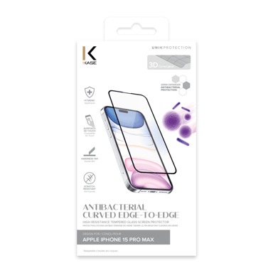Protezione dello schermo in vetro temperato con bordo curvo antibatterico per Apple iPhone 15 Pro Max, nero