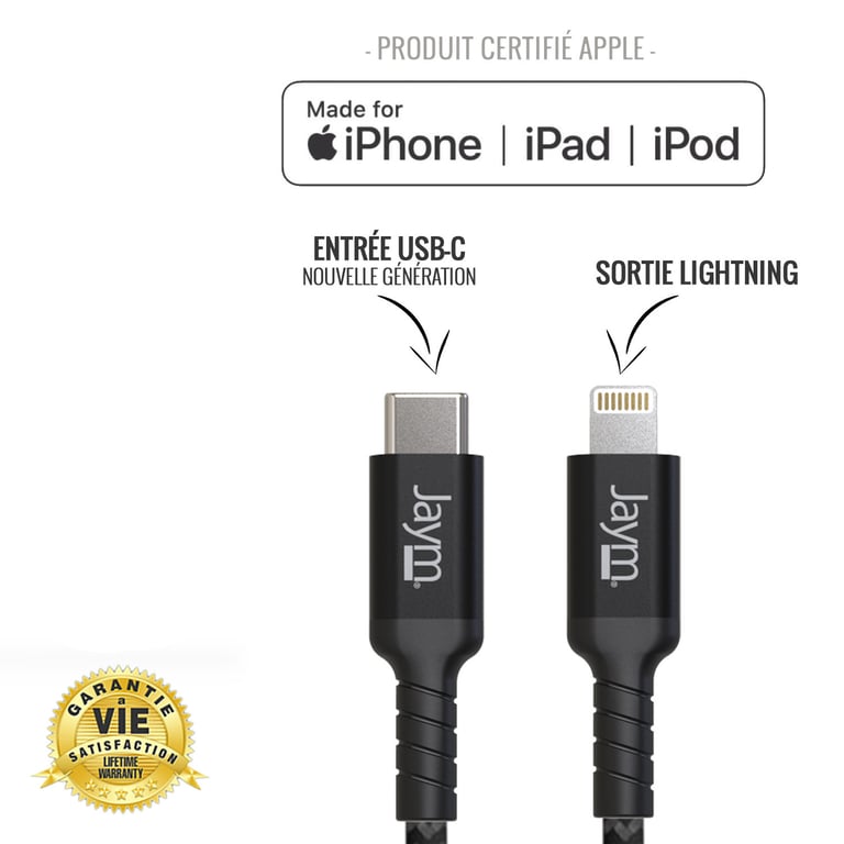 Jaym - Cable Premium 2,5m - USB-C vers Lightning (Certifié MFI) compatible  iPhone, iPad, AirPods-Charge rapide 3A Power Delivery - Garanti à Vie -  Ultra renforcé- Longueur 2,5m - Jaym