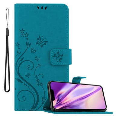 Coque pour Apple iPhone 14 en BLEU FLORAL Housse de protection Étui au design floral avec fermeture magnétique, fonction de support et emplacements pour cartes