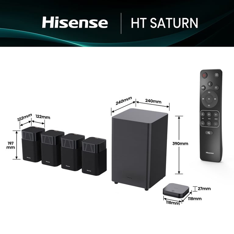 Système Home Cinéma Hisense HT SATURN Tuned by Devialet 4.1.2 CH sans fil avec 4 enceintes satellites + caisson de basses sans fil - vue 6