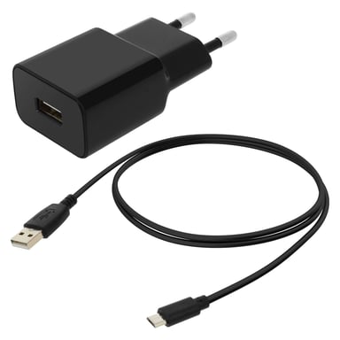 Chargeur Secteur USB 1A Smartphone Téléphone + Câble micro-USB Noir
