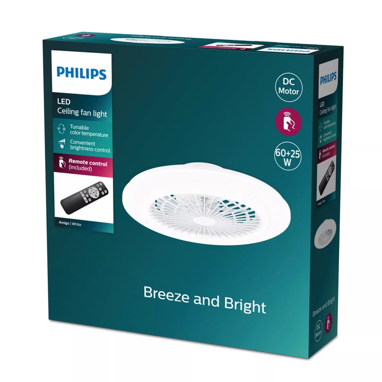 Philips plafonnier plat + ventilateur Amigo + télécommande incluse - vue 3