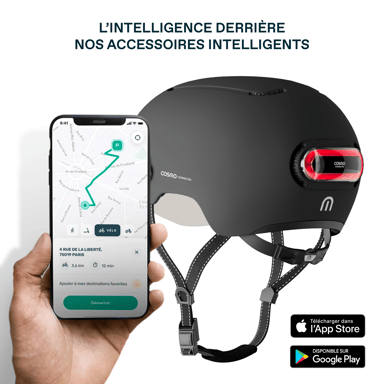 Cosmo Fusion+ Taille M, Noir Mat - Casque avec éclairage Vélo Arrière Intelligent et Connecté - Feu Stop Automatique, Détection de Chute, Partage de trajet, Assurance Individuelle ALLIANZ offerte durant 1 an