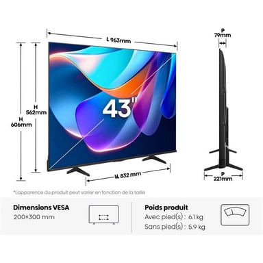 Téléviseur Hisense 43A6S 43'' 4K UHD Smart LED Noir WiFi Dolby Vision HDR10+ AI Mode Jeu Plus 8 ms
