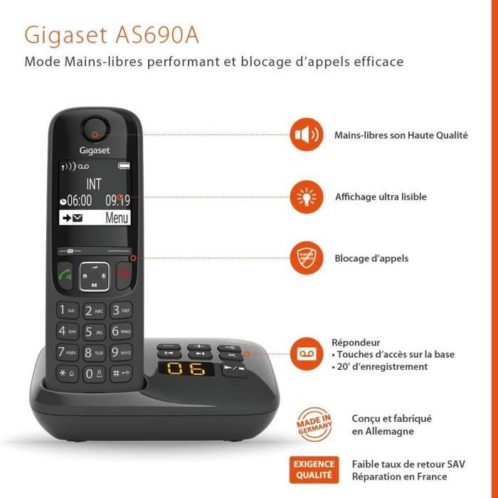 Téléphone Sans Fil Gigaset AS690A – Trio, Répondeur, ID d'Appelant, ECO DECT/GAP - vue 9