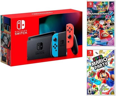 Switch Neon 32GB + Super Mario Party y Mario Kart 8 Deluxe, Rojo, Azul