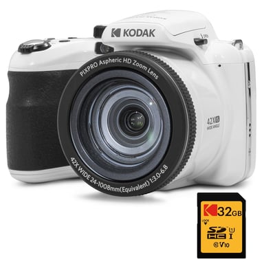 KODAK Pack Numérique Bridge Pixpro Astro Zoom AZ425 + Carte SDHC 32GB - Appareil Photo 20 MP, Zoom 42X, Grand Angle, Écran LCD 3'', Vidéo Full HD 1080p, Batterie Li-ion - Blanc