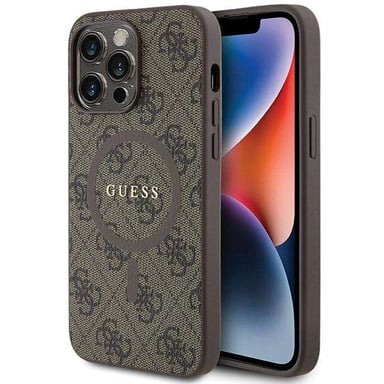 Custodia Guess per iPhone 15 Pro 6.1'' marrone Custodia rigida 4G Collection in pelle Logo in metallo MagSafe