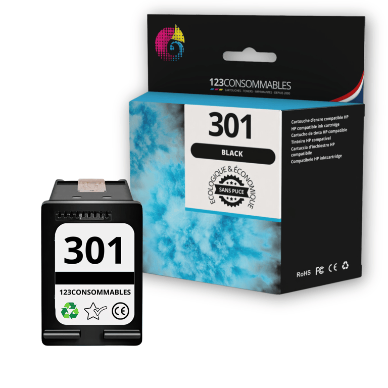 123CONSOMMABLES 301 Cartouches d'encre Remplacement pour HP pour HP 301 Encre pour DeskJet 1000 1050 2050 2510 Envy 4500 4502 5530 OfficeJet 2620 4630 4632 sans puce Neuf