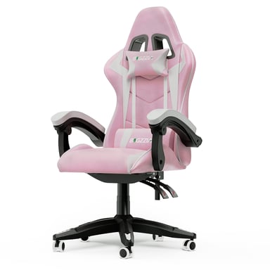Silla gaming reclinable de cuero sintético con respaldo alto, reposacabezas y soporte lumbar - Rosa y blanco
