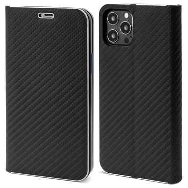 Funda Moozy Wallet para iPhone 13 Pro, Negro Carbón - Funda con solapa y borde metálico, cierre magnético, tapa abatible con tarjetero y función Kickstand