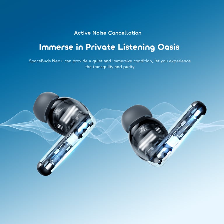 Écouteurs Sans Fil oraimo SpaceBuds Neo+ Blancs : ANC Hybride Son Spatial Sound360™ et 30h d'Autonomie Neuf - vue 2