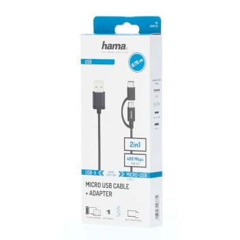 Cavo micro-USB, 2 in 1, con adattatore USB-C, USB 2.0, 0,75 m