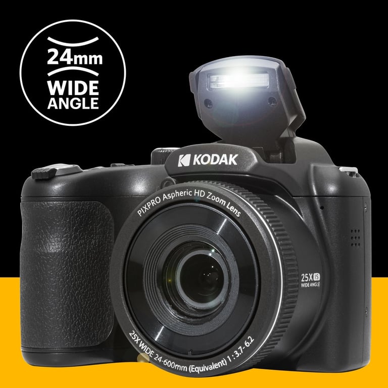KODAK Pack Pixpro AZ255 + Carte Mémoire SD 32Go + Etui - Appareil Photo Bridge Numérique 16MP, Zoom Optique 25X, Stabilisateur, Video Full HD 1080p, Grand angle 24 mm, Ecran LCD 3 '', Pile AA - Noir - Neuf