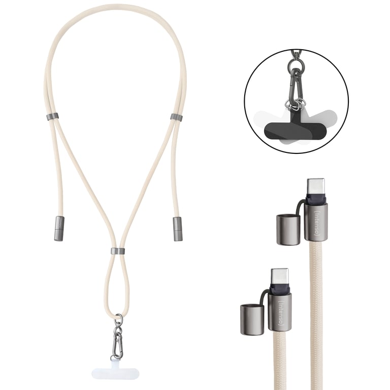 Intenso Lanière de Charge USB-C – Collier Câble pour Smartphone, Charge Rapide 60W, Longueur Réglable, 1,65 m Nylon, beige - Neuf