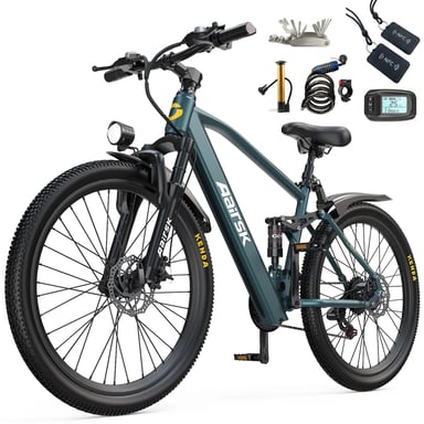 Aairsk GT900 26'' VTT et vélo de ville électrique Bleu, vitesse maximale de 25 km/h, vitesses 7/21 et double suspension