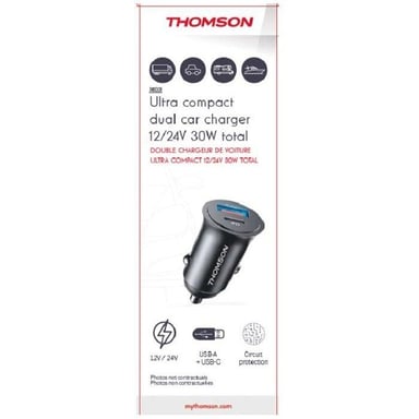 Chargeur voiture THOMSON Compact USB-A 18W + USB-C PD 20W Noir
