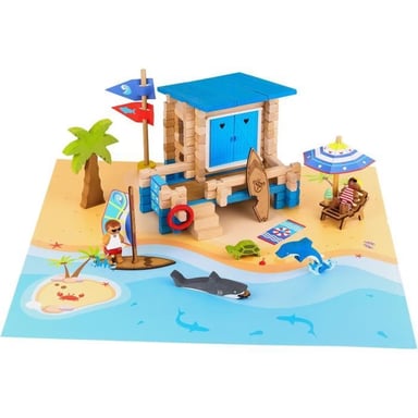 Journée a la Plage 120 Pieces - Jeu de Construction en Bois Naturel, Tapis et Accessoires Inclus, 32x27x11 cm - Neuf