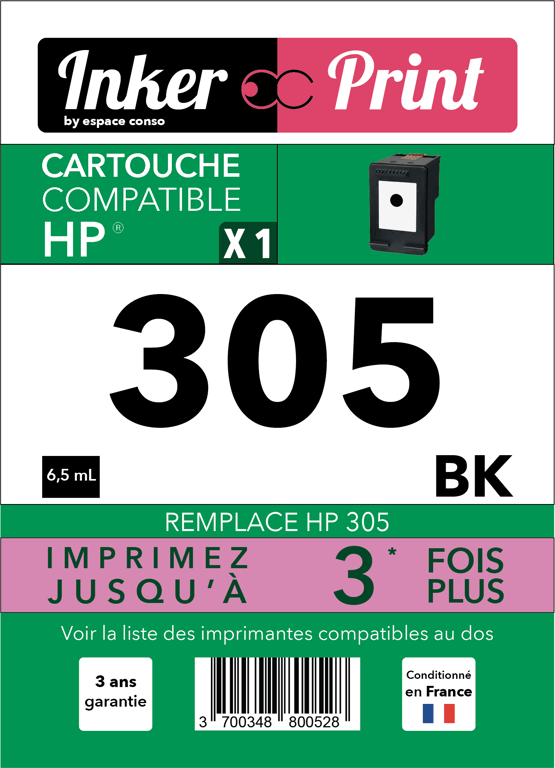 Cartouche d'encre recyclée compatible avec HP 305 XL (Noir