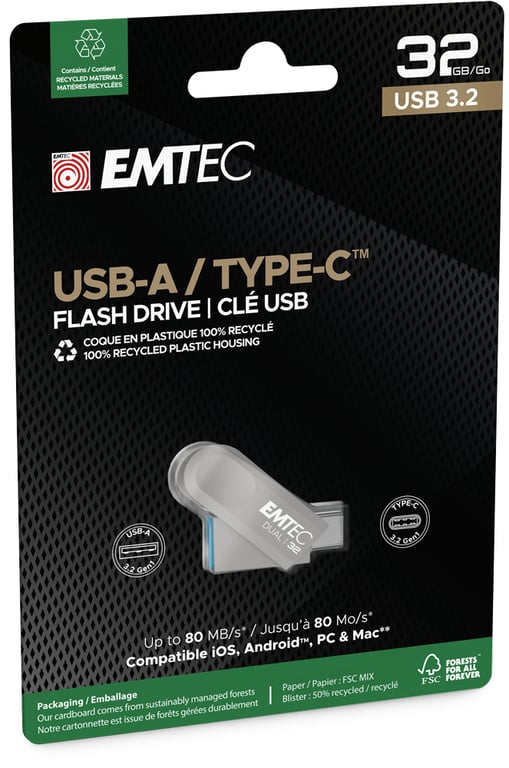 Emtec D280 Dual lecteur USB flash 32 Go USB Type-A / USB Type-C 3.2 Gen 1 (3.1 Gen 1) Argent - Neuf