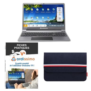 Pack PC Portable Ordissimo Sarah 15.6 Intel Celeron 4 Go RAM 128 Go SSD Gris métallisé + Guide fiches pratiques + Pochette de transport