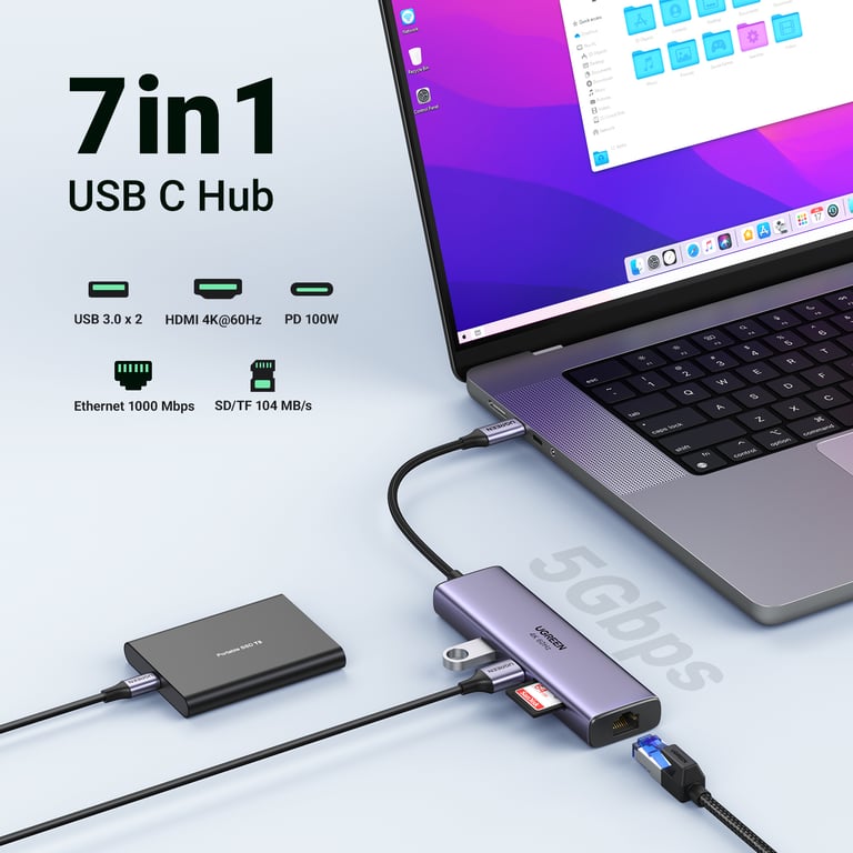 UGREEN Revodok 107 Hub USB C Ethernet Gigabit HDMI 4K 60Hz Lecteur de Carte SD TF PD 7 en 1 Docking Station Compatible avec MacBook iPad Pro Air Mac Mini M4 iPhone 17 Pro Max 16 Galaxy S25 - vue 2