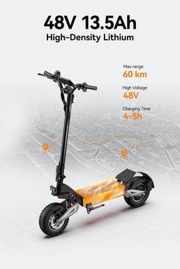 Scooter Eléctrico T10 | Velocidad Máx 25 km/h | Autonomía 60 km | Motor 900W | Batería 48V 13.5Ah | Neumáticos de 11 Pulgadas | Negro