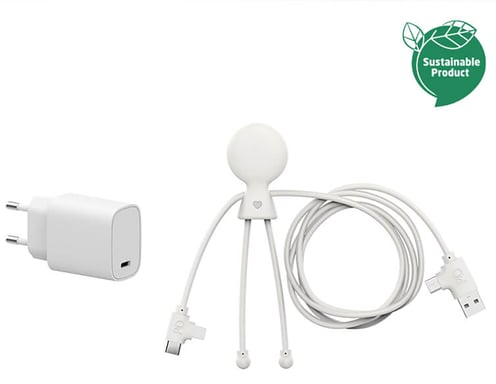 Kit Chargeur USB C Mr biodégradable 20W + Câble USB A+C / microUSB & USB C & Lightning 1m Blanc - Eco-responsable Xoopar