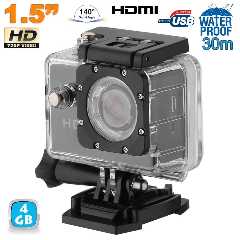 Mini Caméra Sport HD 720P Étanche 30M Écran 1.5' Photos Vidéo 140° Noir 4 Go YONIS
