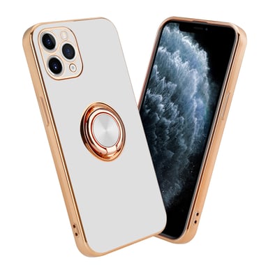 Coque pour Apple iPhone 11 PRO MAX en Glossy Blanc - Or avec anneau Housse de protection Étui en silicone TPU flexible, avec protection pour appareil photo et support voiture magnétique