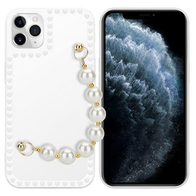 Coque pour Apple iPhone 11 PRO MAX en Blanc avec perles Housse de protection Étui en silicone TPU flexible et avec tour de cou chaîne de poignet