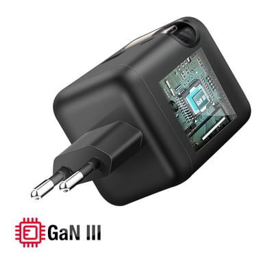 Chargeur Smartphone et Tablette 70W GaN III USB-C avec Câble Rétractable Compact Noir