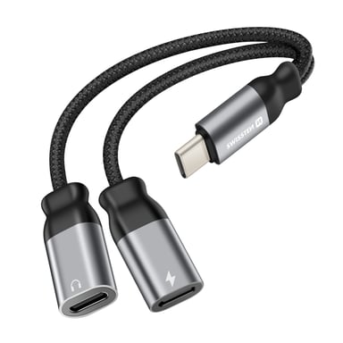 Swissten Splitter audio/carga USB-C 2en1 nylon Negro