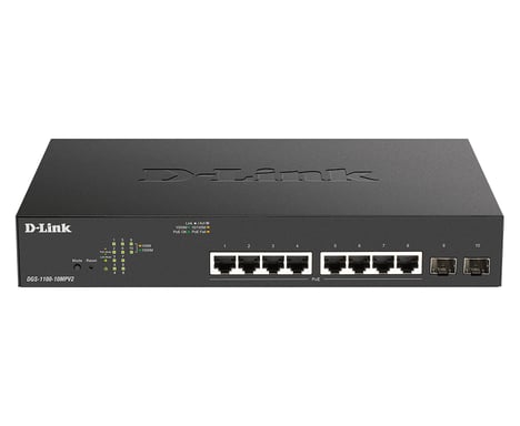 D-Link DGS-1100-10MPV2 commutateur réseau Géré L2 Gigabit Ethernet (10/100/1000) Connexion Ethernet, supportant l'alimentation via ce port (PoE) 1U Noir