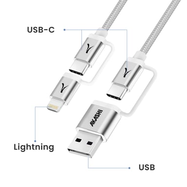 Câble 4 en 1 USB-C + Lightning Compatible Apple CarPlay Android Auto Gris