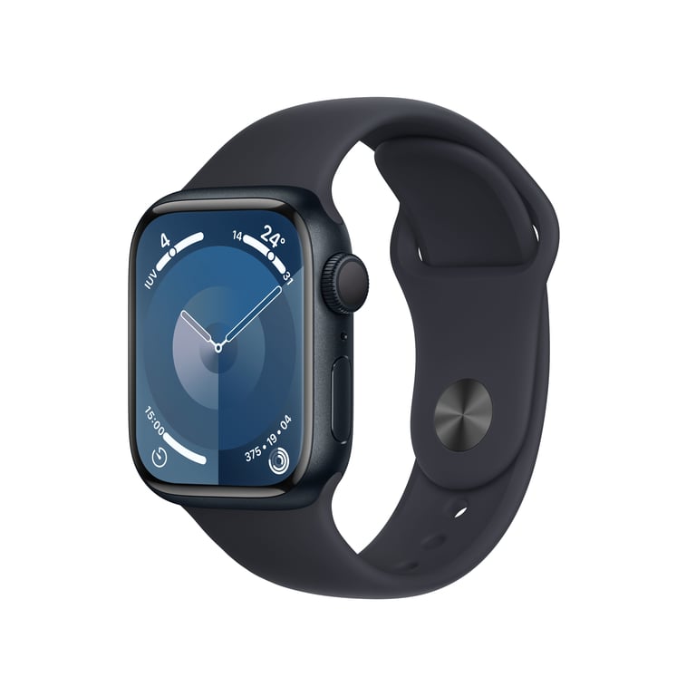 Watch Series 9 GPS, boitier en aluminium de 41 mm avec boucle en caoutchouc, Noir, S/M - Bon état