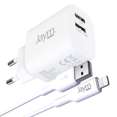 Pack Chargeur Secteur 2 USB-A 2.4A 12W avec Câble USB-A vers Lightning 2m Blanc