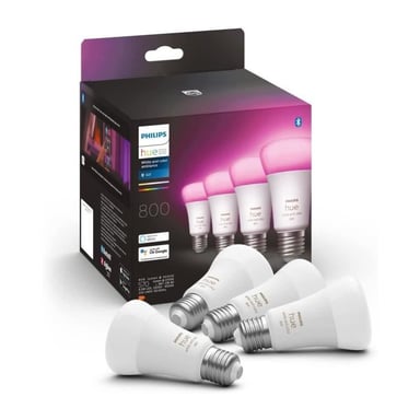 Pack de 4 bombillas LED conectadas Philips Hue White & Color Ambiance E27, equivalentes a 60 W, 800 lúmenes, compatibles con Bluetooth