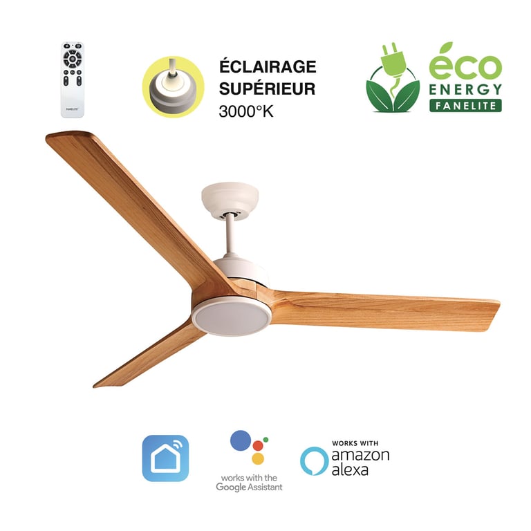 Fanelite Ventilateur de plafond 132 cm blanc et bois BALABIO - Moteur DC 36W - LED 20W dimmable 3 couleurs + LED SUPERIEURE 2W Blanc - vue 2