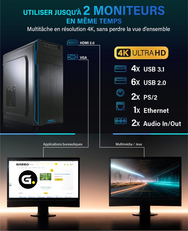 Greed Ultra V2 Office PC / Ordinateur de bureau Intel Core i7 Home Office Tour Computer avec DDR4 RAM 4 8 GHz SSD + HDD DVD+RW USB 3.1 WiFi Windows 11 Pro Neuf - vue 3