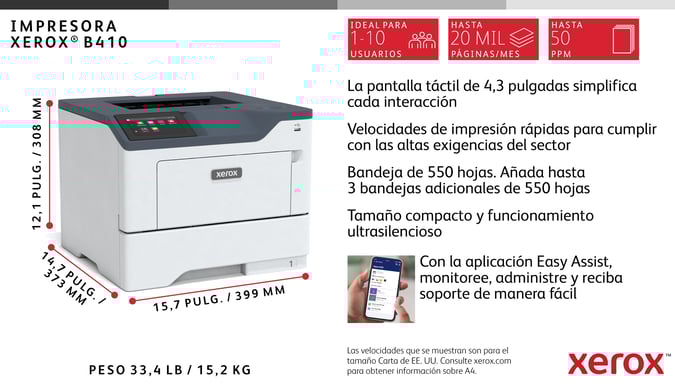 Xerox Imprimante recto verso A4 47 ppm B410, PS3 PCL5e/6, 2 magasins, total 650 feuilles